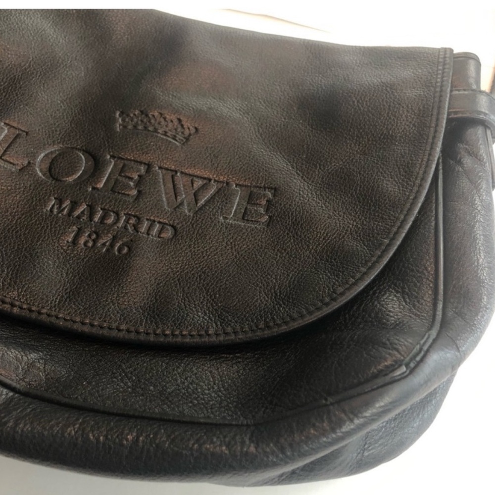 Vintage Loewe Heritage Messenger Bag Black Leather XL Logo Crossbody Spain - Picture 7 of 14
